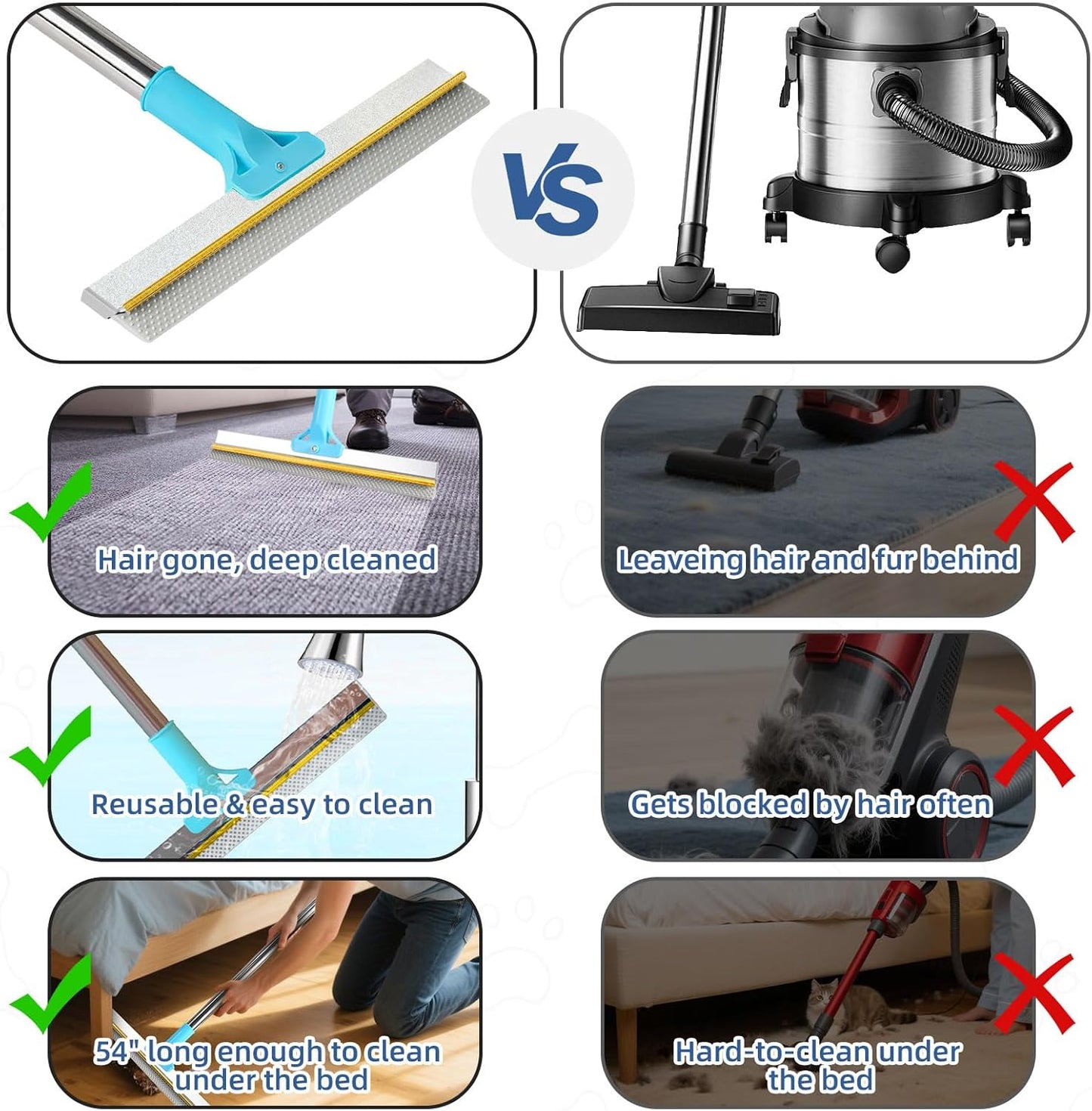 Carpet Rake for Pet Hair Removal - 54" Adjustable 2 in 1 Carpet Broom with Copper Rake Scraper & TPU Brush, Reusable Cat Dog Hair Remover Tool for Deep Cleaning Carpets, Rugs, Mats, and Stairs (Blue)