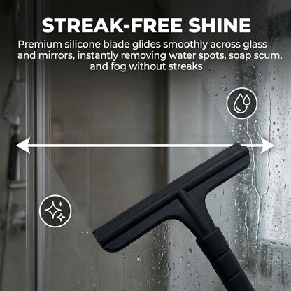 8 Inch Silicone Shower Squeegee for Glass Doors – All-in-One with Built-in Hook, Ergonomic Non-Slip Handle & Reinforced Iron Core, Multi-Purpose for Mirrors, Countertops, Windows, Black