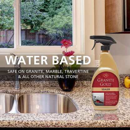 Granite Gold Granite Sealer Combo Pack, Water-Based Sealer Spray and Refill for Granite, Marble, Travertine, Natural Stone Countertops, 24 oz + 64 oz