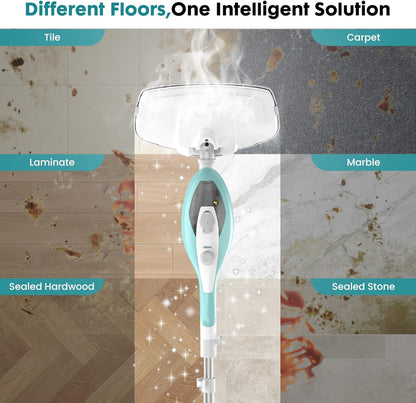 OLIXIS 10-in-1 Steam Mop, 1550W Detachable Handheld Steam Cleaner for Floor Cleaning, 16FT Cord, 2 Washable Pads, Multi-Purpose Floor Steamer for Hardwood, Carpet, Tile, Grout, Windows, White Green