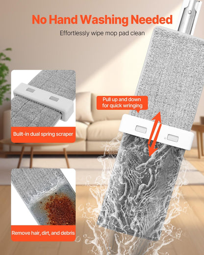 VEVOR Mop and Bucket with Wringer Set, Wet & Dry Use, Flat Mop and Bucket System with 3 Washable Microfiber Pads, Flat Mop with Stainless Steel Handle, Mop Bucket Set for Hardwood Tile Vinyl