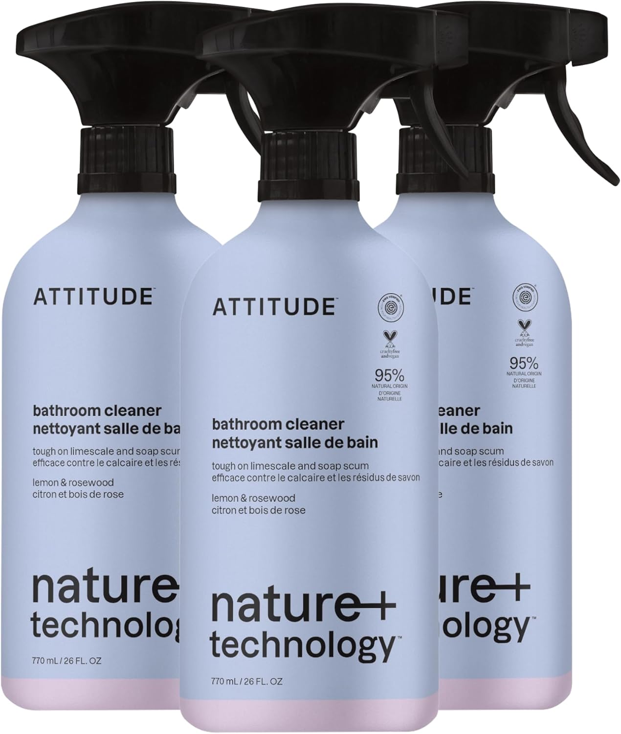 ATTITUDE Bathroom Cleaner Spray, Natural Origin Ingredients, EWG Verified, Eliminates Soap Scum, Limescale, Streak Free, Lemon & Rosewood, 26 Fl Oz