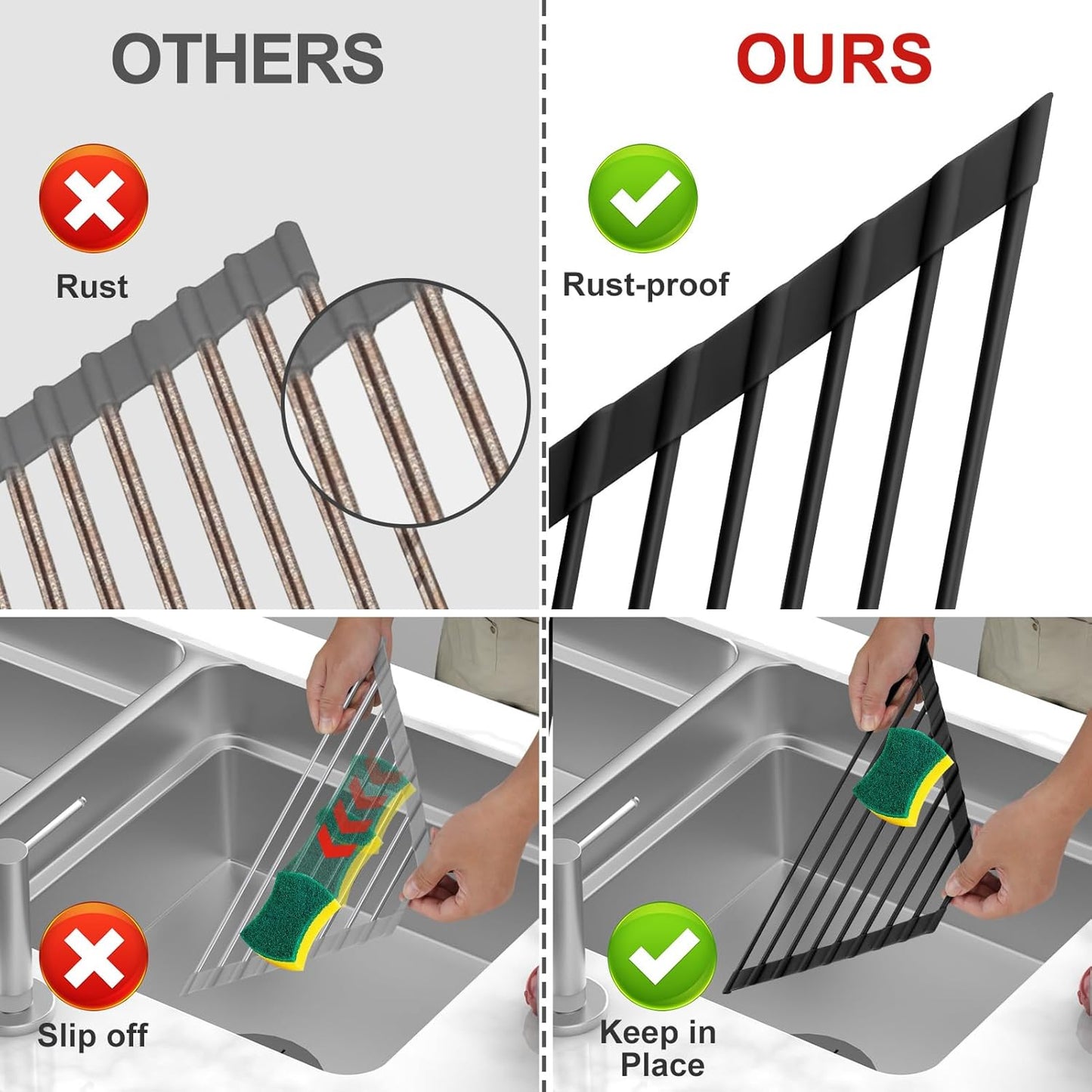 MERRYBOX Triangle Roll Up Dish Drying Rack Over The Sink, 2025 Anti-Rust Sink Drying Rack with Full Silicone Wrapped for Top of Corner, Anti-Slip Organizer for Kitchen