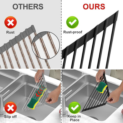 MERRYBOX Triangle Roll Up Dish Drying Rack Over The Sink, 2025 Anti-Rust Sink Drying Rack with Full Silicone Wrapped for Top of Corner, Anti-Slip Organizer for Kitchen