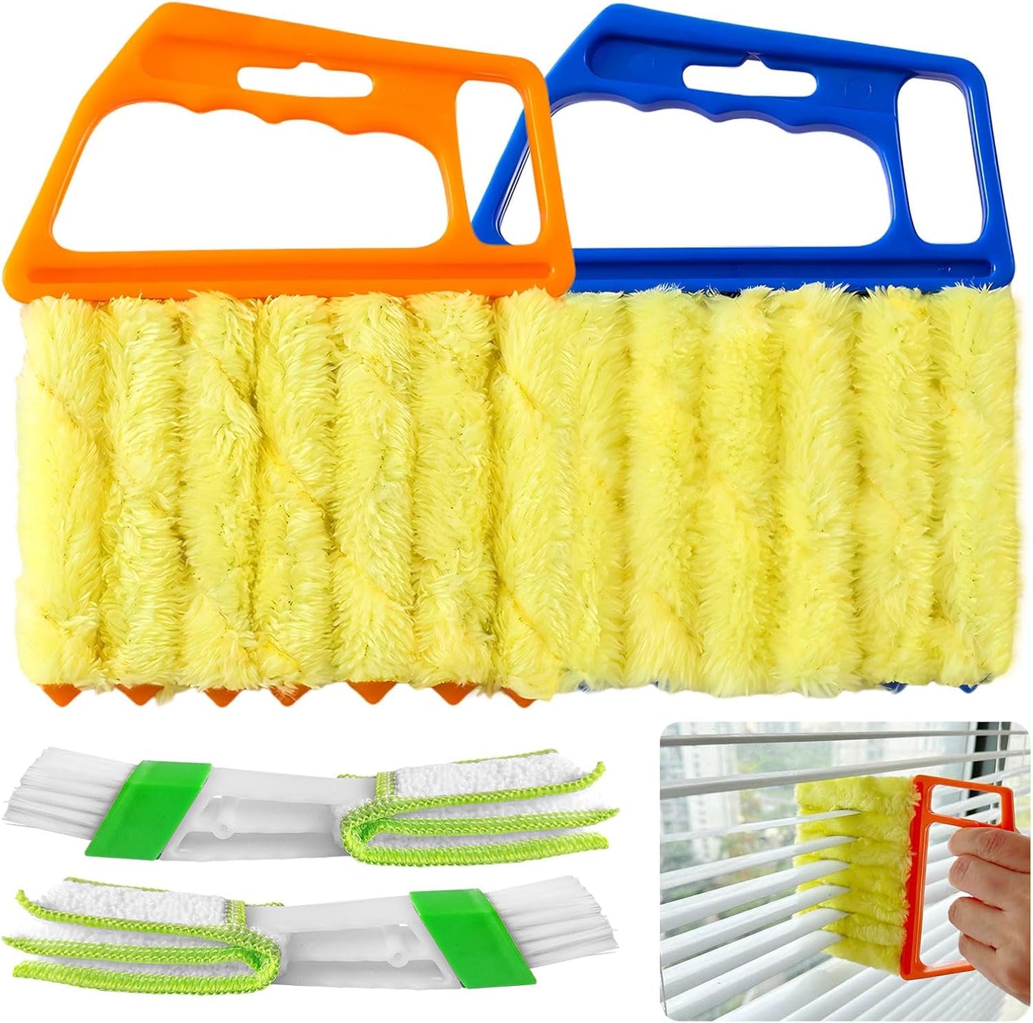 4Pcs Blind Cleaner Duster Tool Set with 7-Finger & 3-Finger Brushes，Washable Multi-Surface Dusting Kit for Wood Blinds, Venetian Blinds, AC Vents, Car Vents, Shutters & Fans (Yellow+Green)