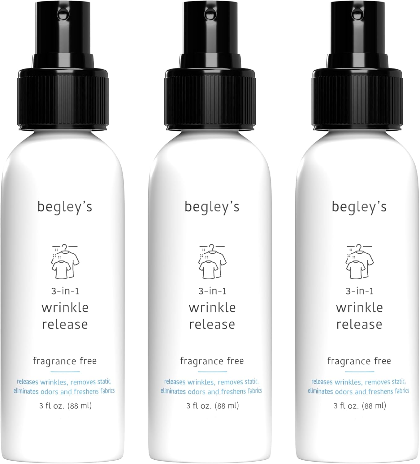 Begley's 3-in-1 Wrinkle Remover, Quick Fix Wrinkle Release, Static Cling Remover, Odor Eliminator and Fabric Refresher Spray - USDA Certified Biobased - Fragrance-Free, 3 oz Travel Size
