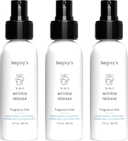 Begley's 3-in-1 Wrinkle Remover, Quick Fix Wrinkle Release, Static Cling Remover, Odor Eliminator and Fabric Refresher Spray - USDA Certified Biobased - Fragrance-Free, 3 oz Travel Size
