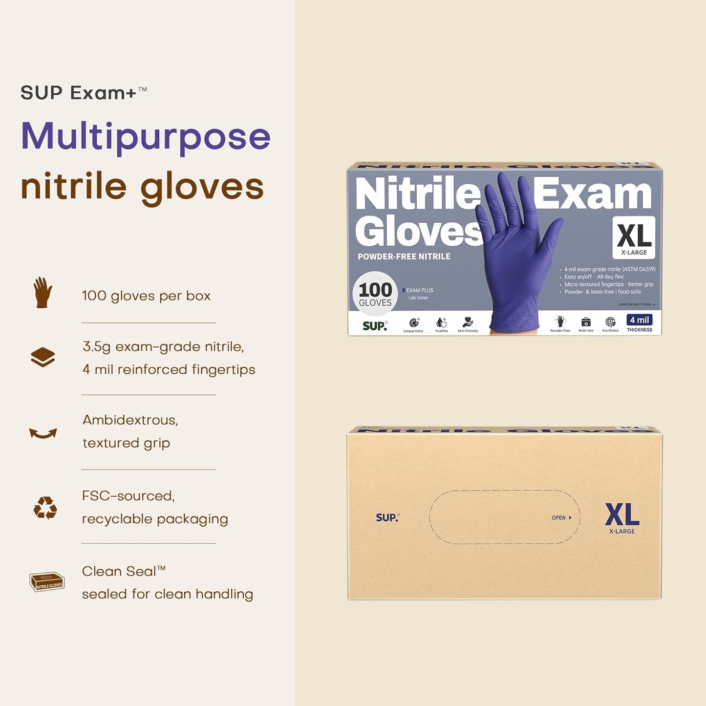 SUP Powder-Free Nitrile Exam Gloves, 100 Count Food Safe Latex-Free Medical Non-Sterile Cooking Disposable Glove, Blue Violet