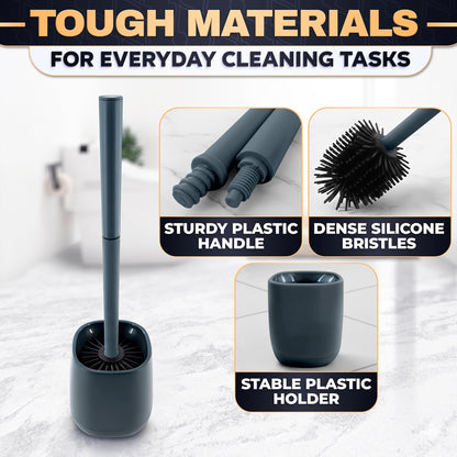 Toilet Brush and Holder Set - Silicone Toilet Brush Cleaner with Dark Grey Holder Base, Compact Accessory for Small Spaces - Easy to Place & Simple to Store After Use, Plastic Bathroom Cleaning Tool