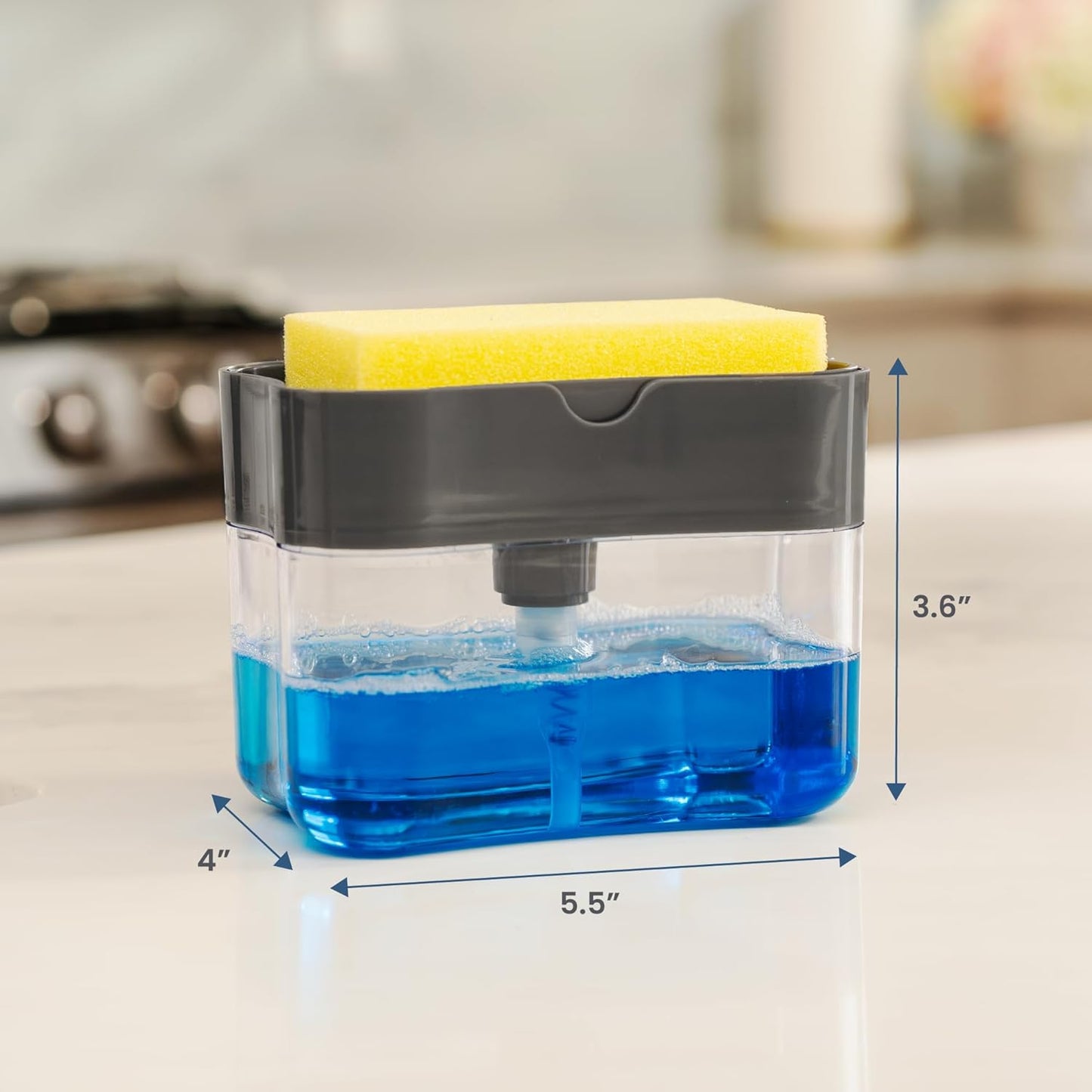 S&T INC. Dish Soap Dispenser and Sponge Holder for Kitchen Sink, Sponge Included, 13 Ounces, Metallic Silver