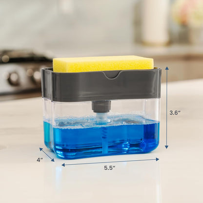 S&T INC. Dish Soap Dispenser and Sponge Holder for Kitchen Sink, Sponge Included, 13 Ounces, Metallic Silver