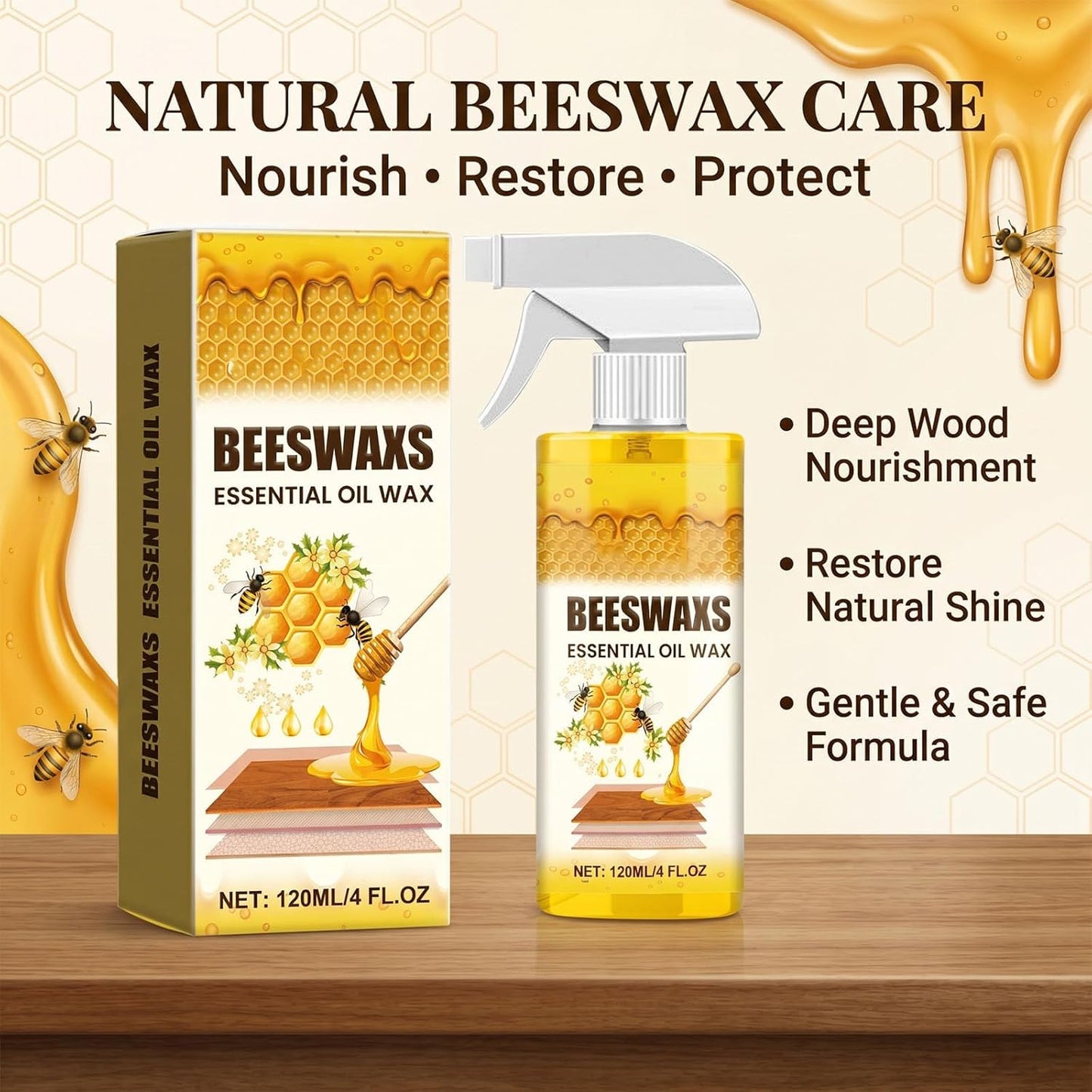 Natural Beeswax Repairing and Care Spray, 2026 Upgraded Beeswax Wood Polish, for Living Rooms, Kitchens, Wood Furniture Floors, Natural Micro-Molecular Spray (1Pcs)