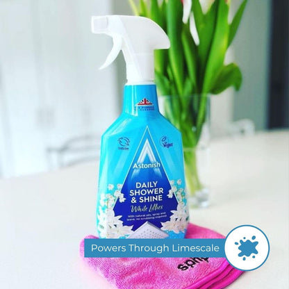 Astonish Daily Shower Shine White Lilies Cleaning Spray - No Scrub After Shower Spray Foam Prevents Watermarks & Limescale Buildup - Vegan Cruelty-Free Household Cleaning Products, 750ml Spray Bottle