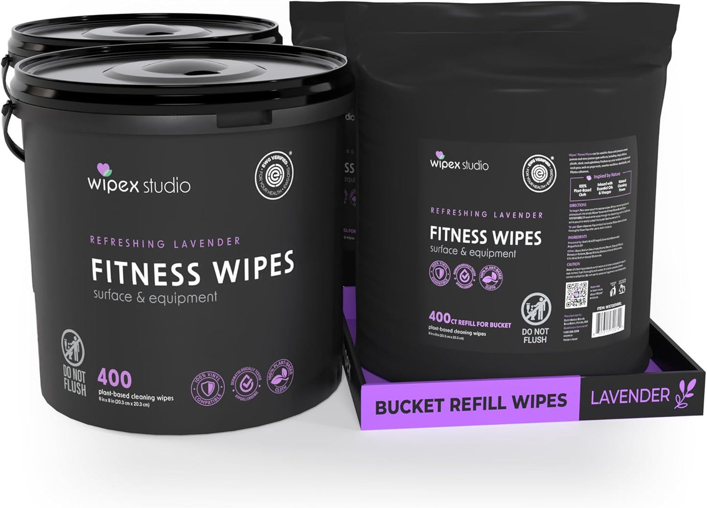 Wipex Gym Wipes Bucket Refill – EWG Verified, 400 Ct Plant-based Fitness Equipment Wipes, Lavender and Vinegar to Clean Surfaces, Safe Yoga Mat Cleaner, Gym Cleaner and Peloton