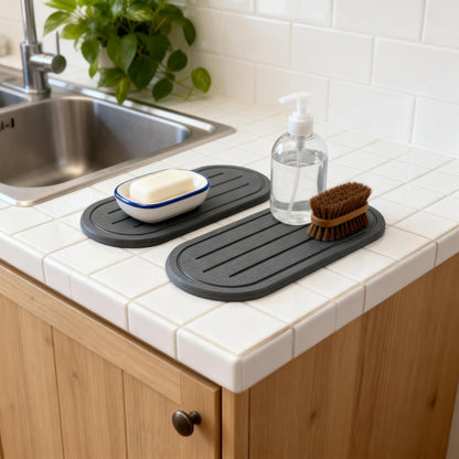 2PCS Water Absorbing Stone Drying Tray Mat for Bathroom Sink & Kitchen Counter Faucet Organizer, Quick Dry Dish Rack Soap Dispenser Sponge Holder, Vanity Sink Caddy Bar Coaster, Ivory White 8“x 4”
