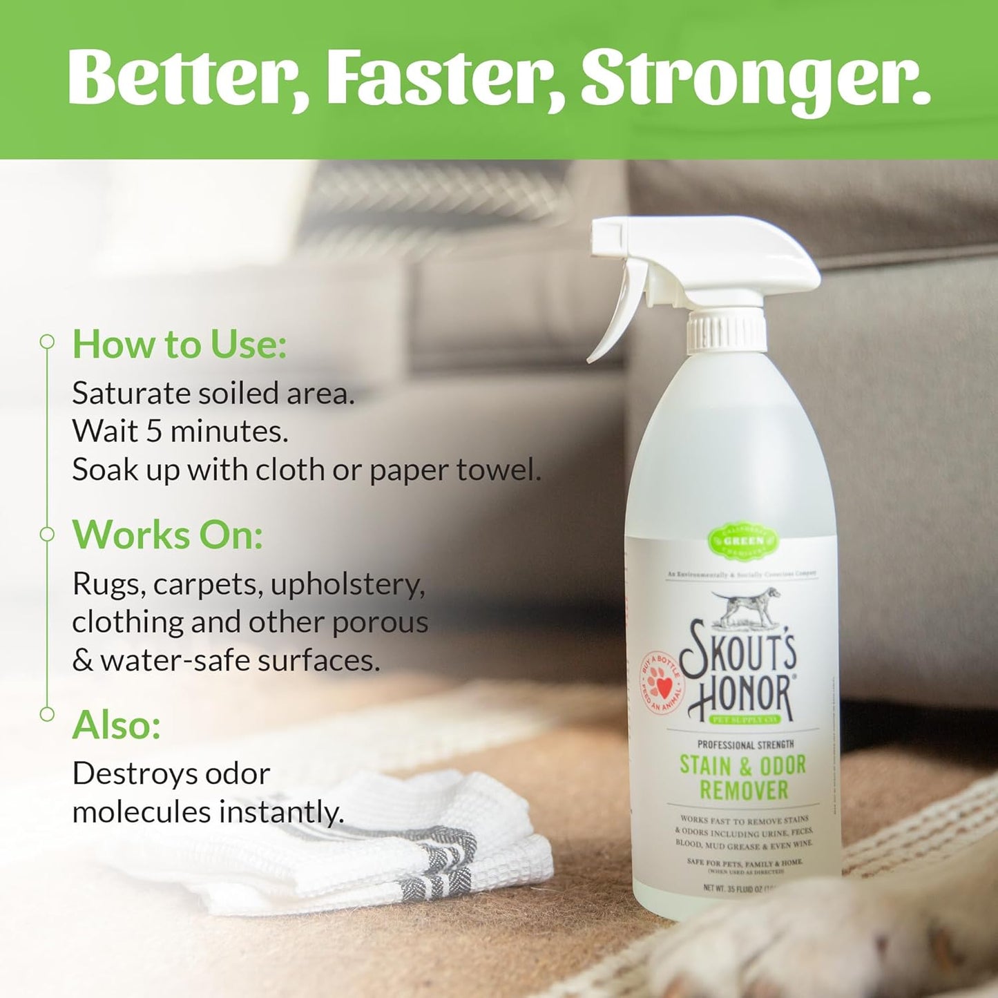 SKOUT'S HONOR Severe Mess Stain & Odor Eliminator, Powerful Stain Remover and Carpet Cleaner for Tough Dog Messes, Eco-Friendly Carpet Deodorizer, Cleaning Spray and Poop Spray, 35 oz