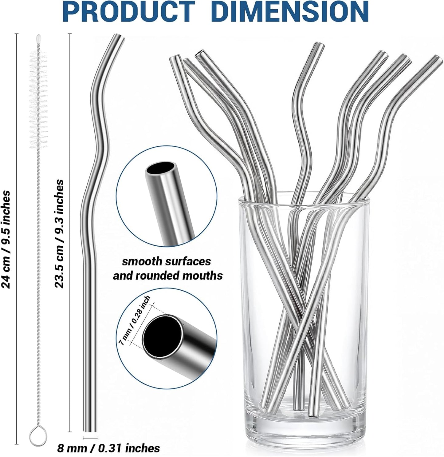 8 Pack Reusable Metal Straws Set, 9.25” x 8 mm Wavy Metal Straws Reusable Stainless Steel Straws with 2 Cleaning Brush, Metal Drinking Straw for Cocktail Coffee Beverage (Silver)