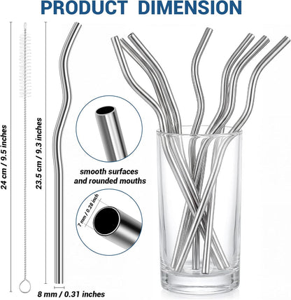 8 Pack Reusable Metal Straws Set, 9.25” x 8 mm Wavy Metal Straws Reusable Stainless Steel Straws with 2 Cleaning Brush, Metal Drinking Straw for Cocktail Coffee Beverage (Silver)