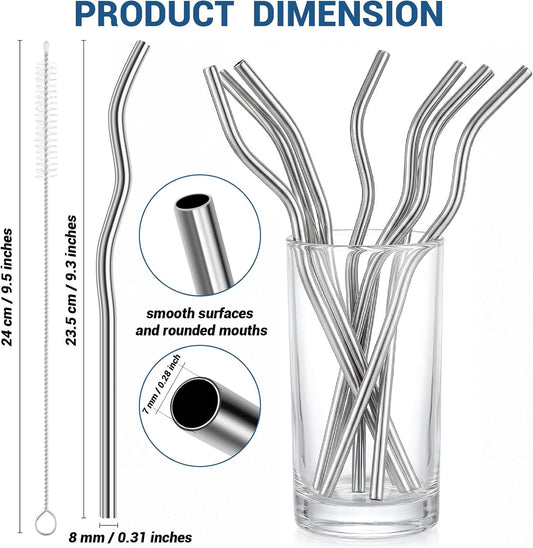 8 Pack Reusable Metal Straws Set, 9.25” x 8 mm Wavy Metal Straws Reusable Stainless Steel Straws with 2 Cleaning Brush, Metal Drinking Straw for Cocktail Coffee Beverage (Silver)
