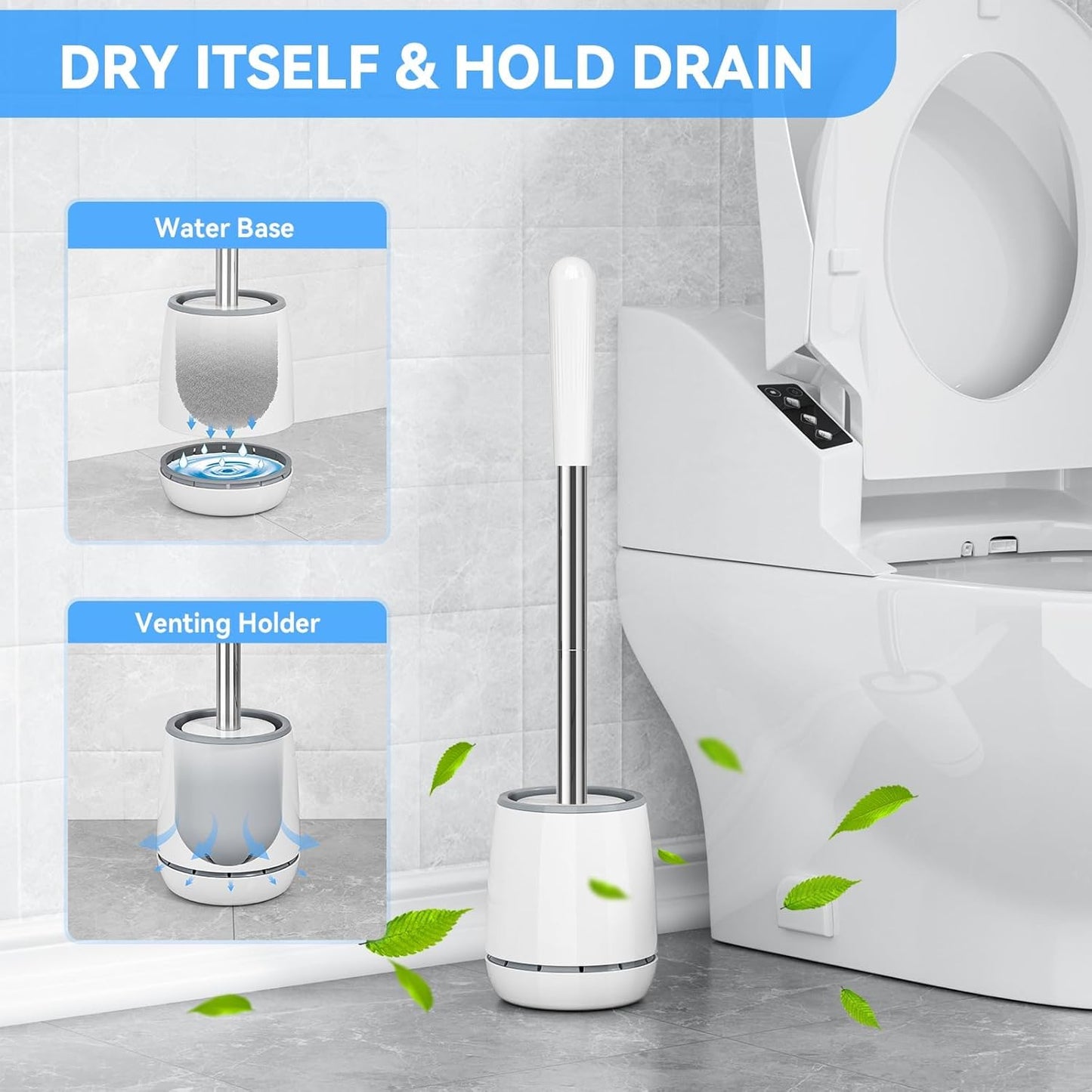 Toilet Brush, Toilet Brush and Holder with 304 Stainless Steel Handle, Space Saving Toilet Bowl Brush for Storage, Durable Bristles Toilet Scrubber for Bathroom Cleaning (1, White)