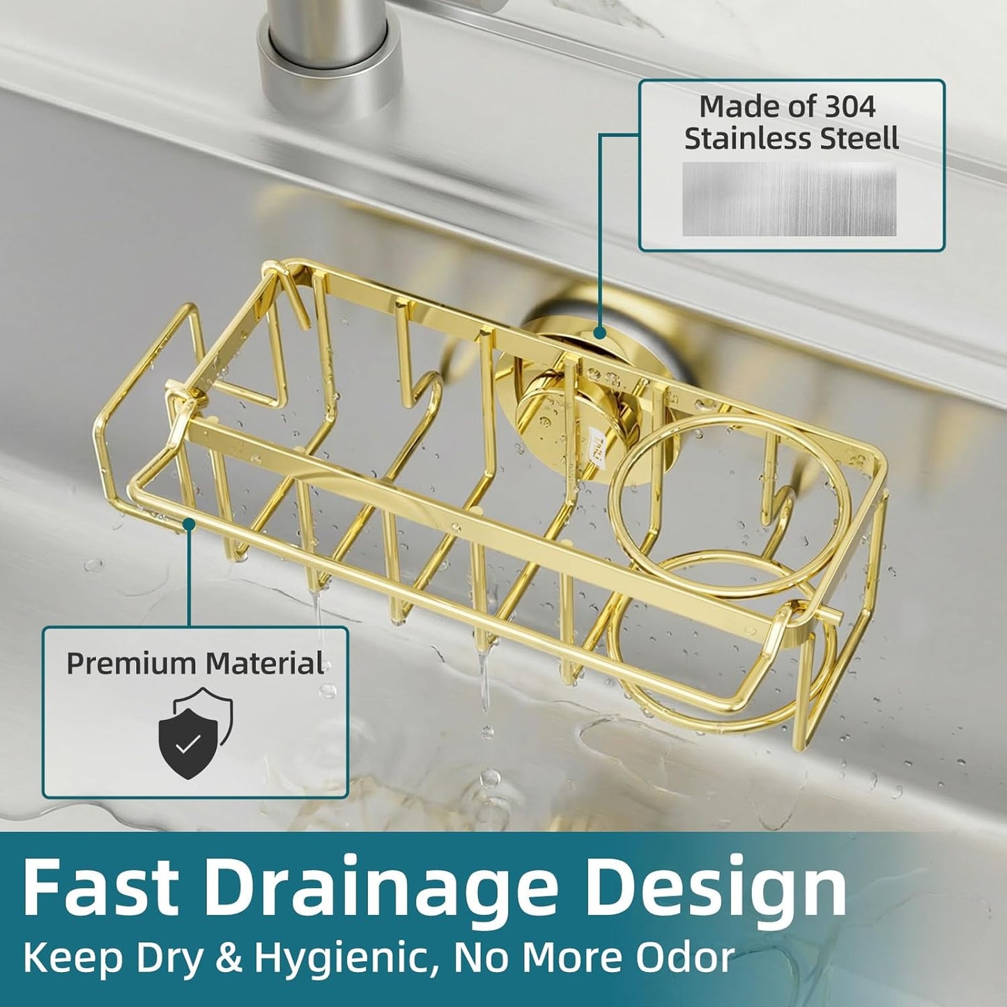 TAILI 4-in-1 Sink Caddy with Strong Suction Cup, Sponge Holder for Kitchen Sink Organizer, Removable, Rustproof, Stainless Steel Holder for Sponge, Brush, Scrubber, Scraper - Silver