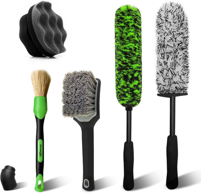YeewayVeh 8PCS Ultimate Wheel and Tire Brush Kit | 2-Size 360° Bendable Rim Brushes, Boar Hair Detailing Brush, Tire Shine Applicators & Microfiber Towel | Complete Scratch-Free Cleaning & Shining Set