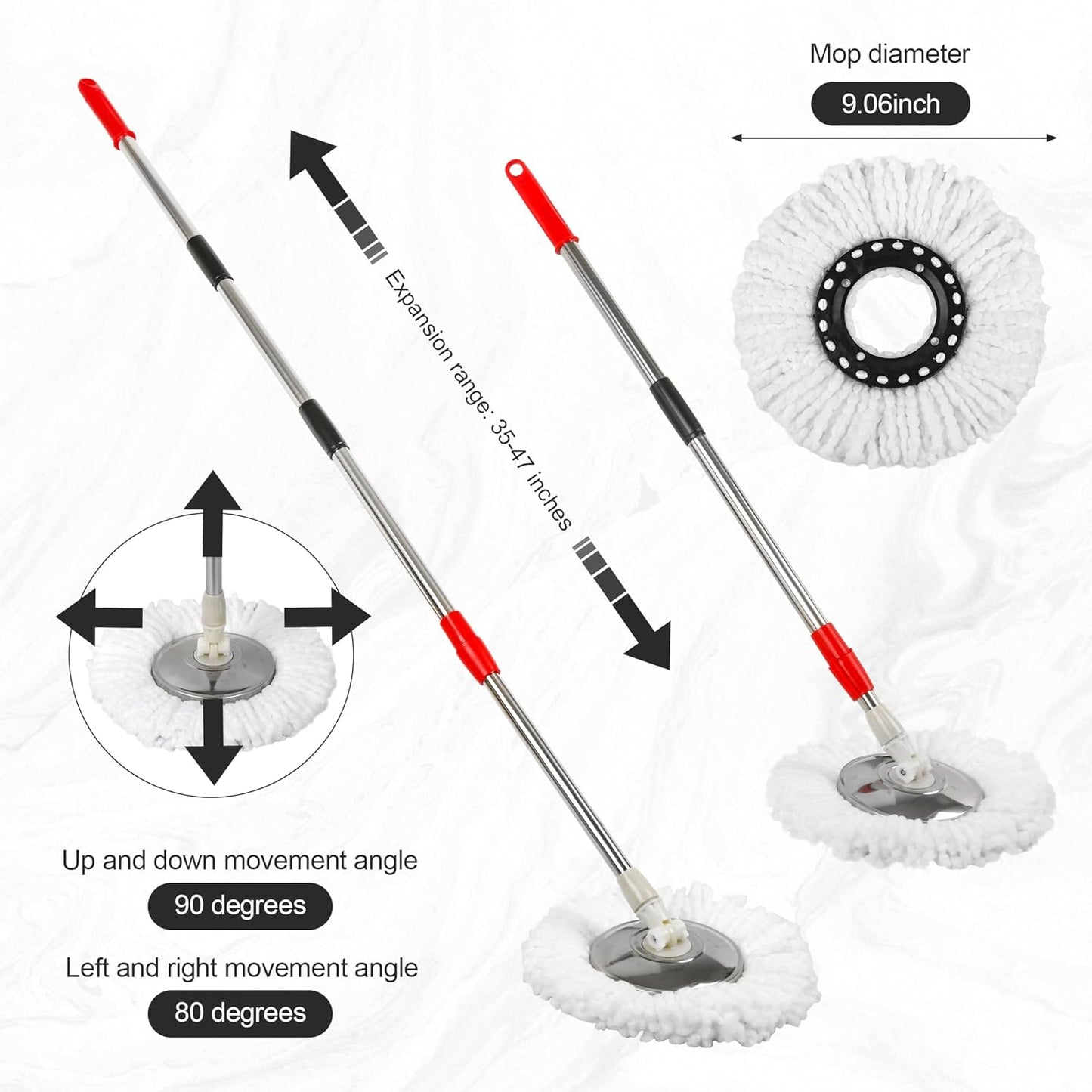 Spin Mop and Bucket System, 360° Rotating Head, Adjustable Handle, 20QT Bucket with Auto-Clean, 3 Microfiber Heads