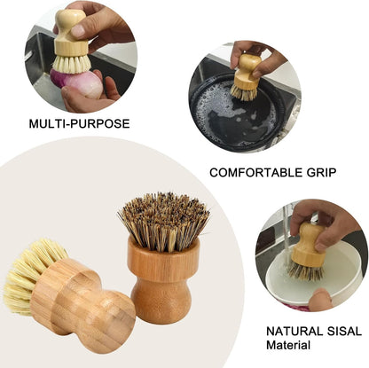 4 Piece Bamboo Dish Brush Set - Bamboo Dish Bottle Brush with Sisal, Dish Scrubber for Kitchen Cleaning Dishes, Pots, Pans