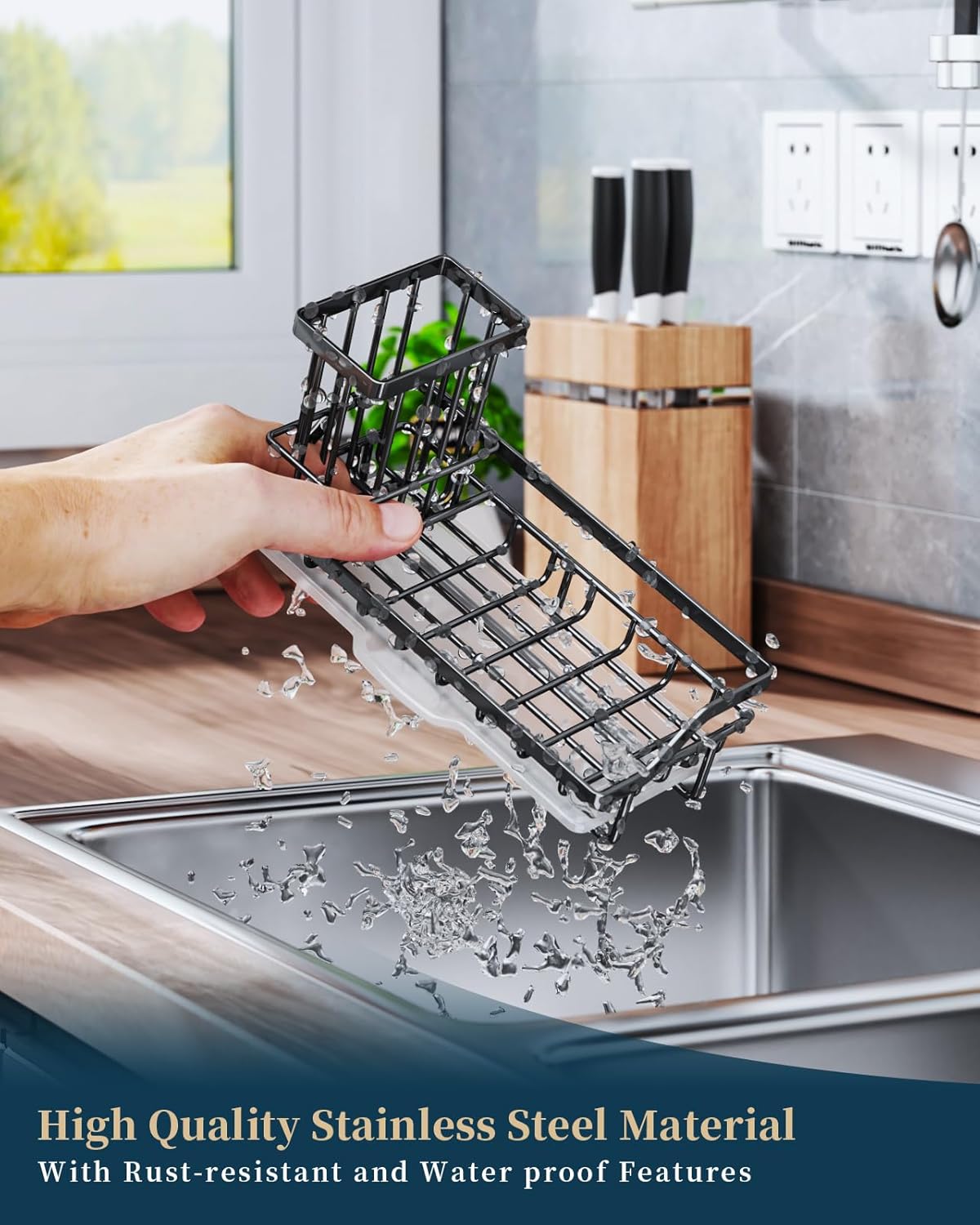 Consumest Sink Caddy, Kitchen Sponge Holder with Dish Brush Holder, Kitchen Organizer with Drip Tray for Countertop, Stainless Steel Rustproof - Silver