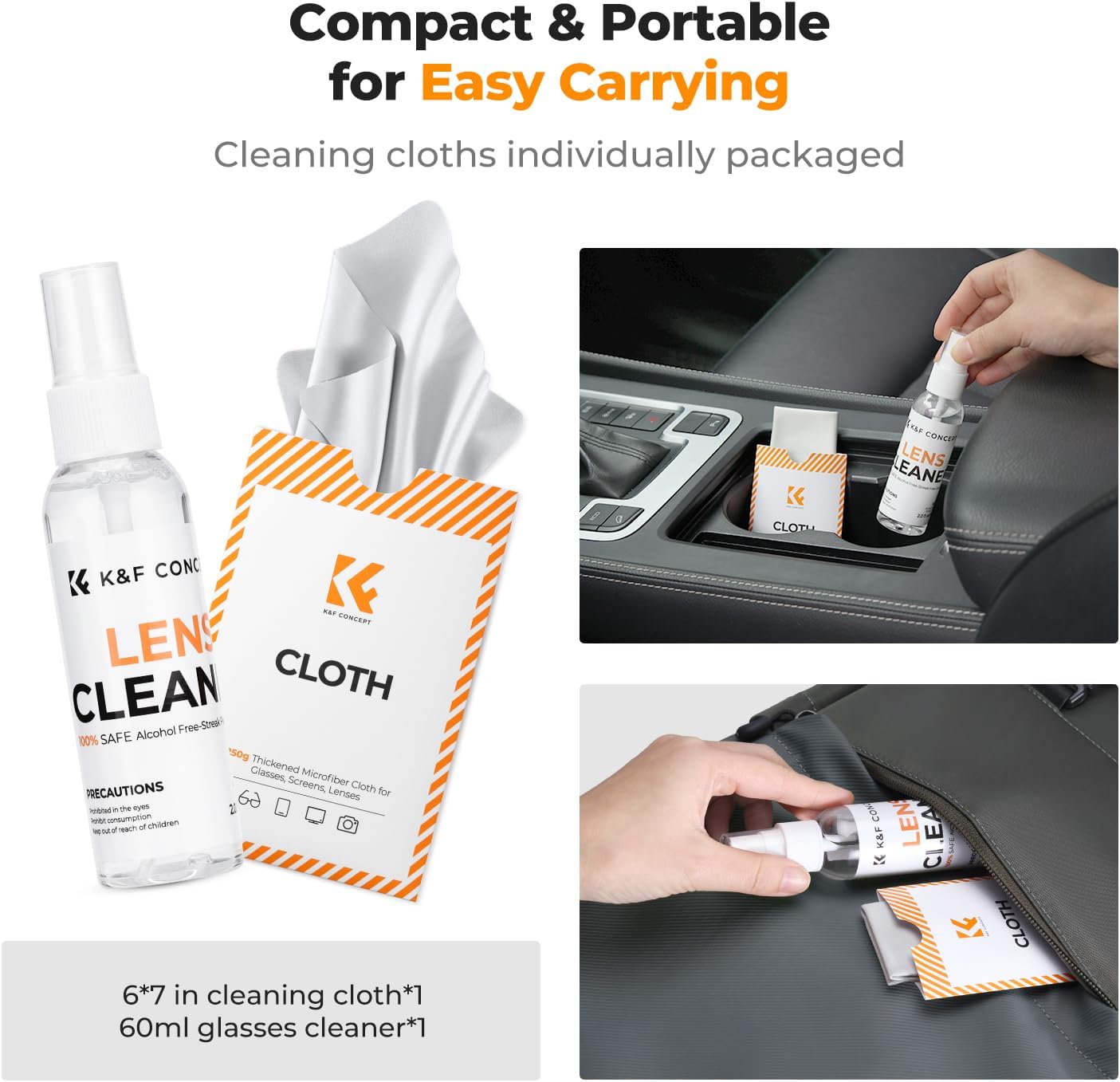 K&F CONCEPT Lens Cleaner Spray Kit | 60ML Glasses Cleaner x2 + Microfiber Cleaning Cloth x2 | Lens and Screen Cleaning Kit | Alcohol Free Eyeglasses, Camera, VR/AR Headset, and Screen Cleaning