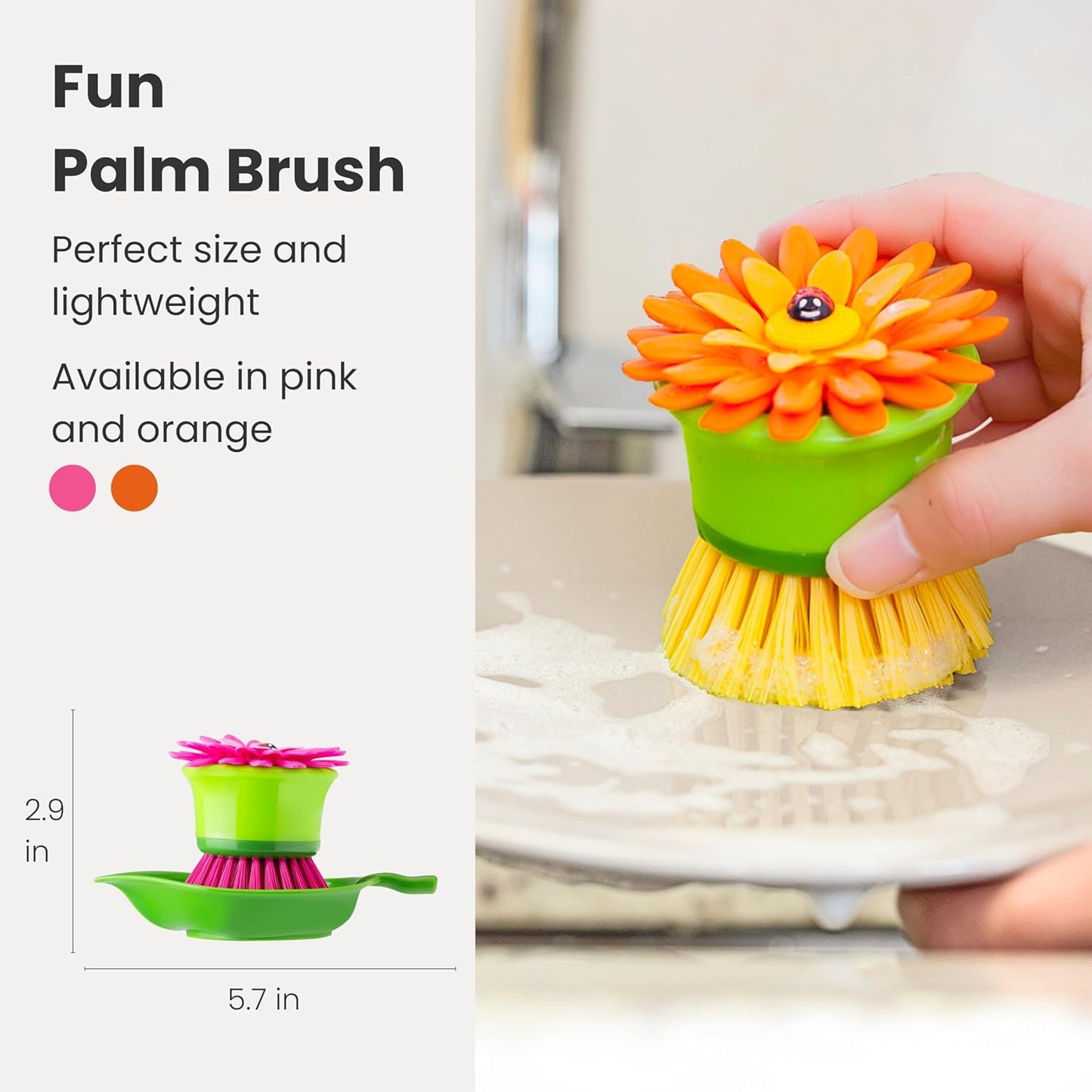 Vigar Flower Palm Dish Scrub Brush with Holder, Perfect Kitchen Brushes for Dishes, Sink Brush and Cleaning Brushes for Household Use, Pink, Green