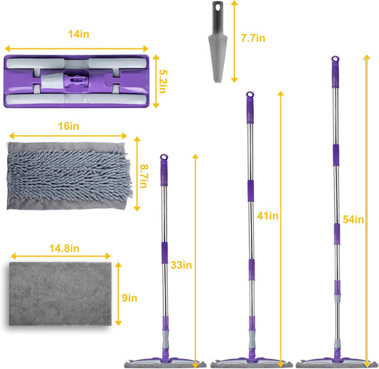 Microfiber Mops for Floor Cleaning ,Wet Dry Flat Mop with Stainless Steel Telescopic Handle,4 Reusable Mop Pads , Dust Mop for Hardwood Floors ,Home,Laminate,Tile,Hardwoods Cleaning (Purple)