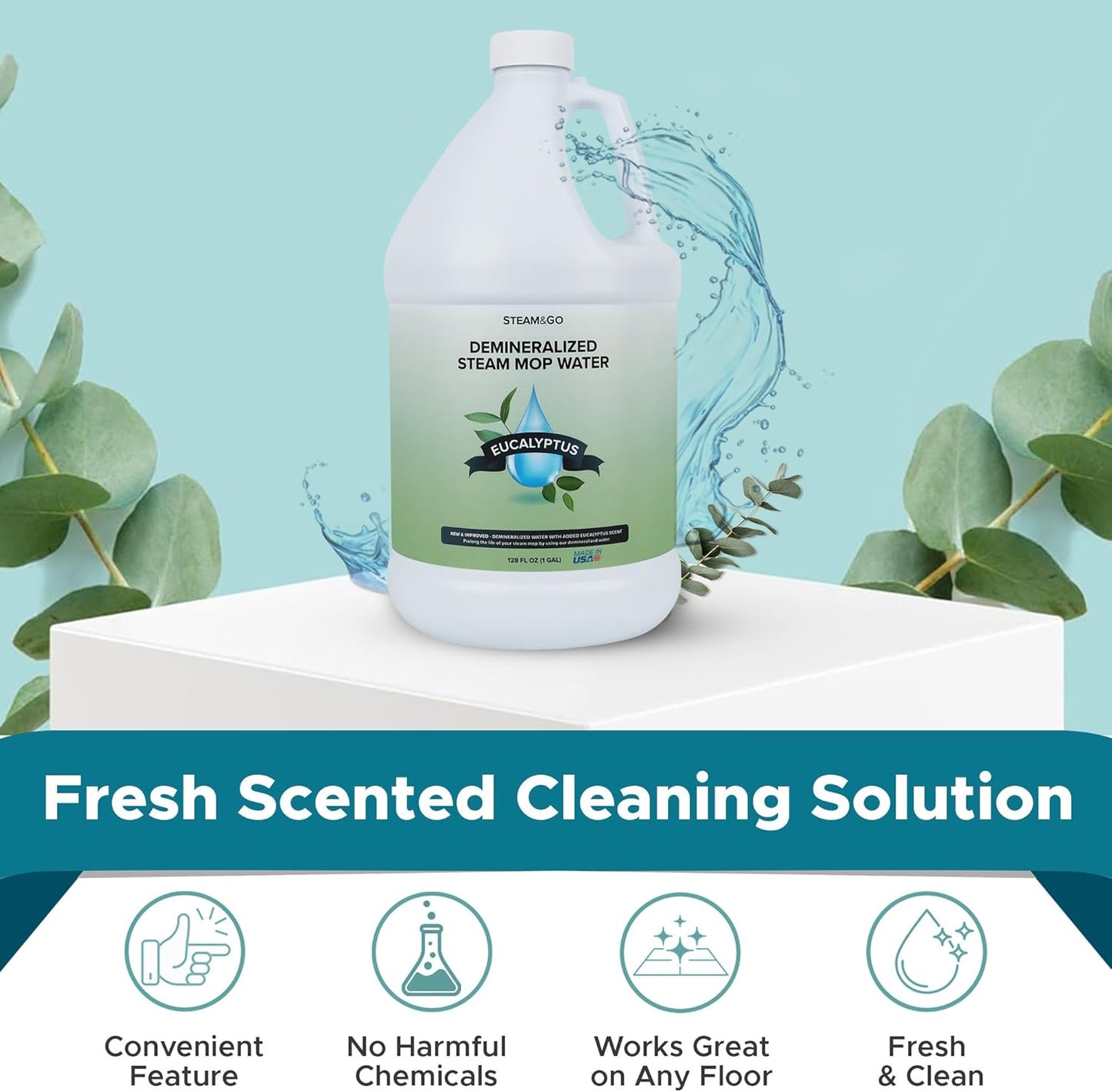 Steam & Go - Demineralized Water for Steam Cleaner, PVC-Free Floor Cleaner Liquid Compatible with Any Steam Mop, Ready-to-Use Multisurface Cleaner, Scented Mop Solution, Eucalyptus Mint, 32 oz