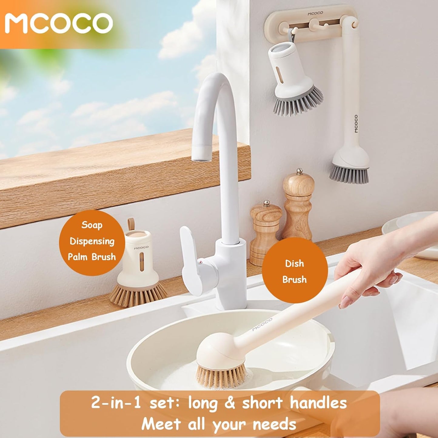 Dish Brush Set with Soap Dispensing Palm Brush Dish Scrub Brush with Soap Dispenser Palm Dish Brush Kitchen Cleaning Brush with Ergonomic Long Handle for Cleaning Sink, Pot, Pan, Stove, Yellow