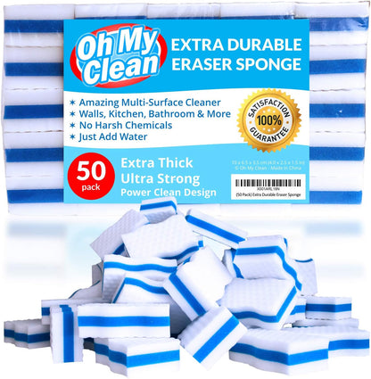(50 Pack) Extra Durable Eraser Sponge – Extra Thick, Long Lasting Magic Melamine Cleaning Sponges in Bulk – Foam Pads for Walls, Kitchen, Bathroom, Floor & Baseboard Cleaner