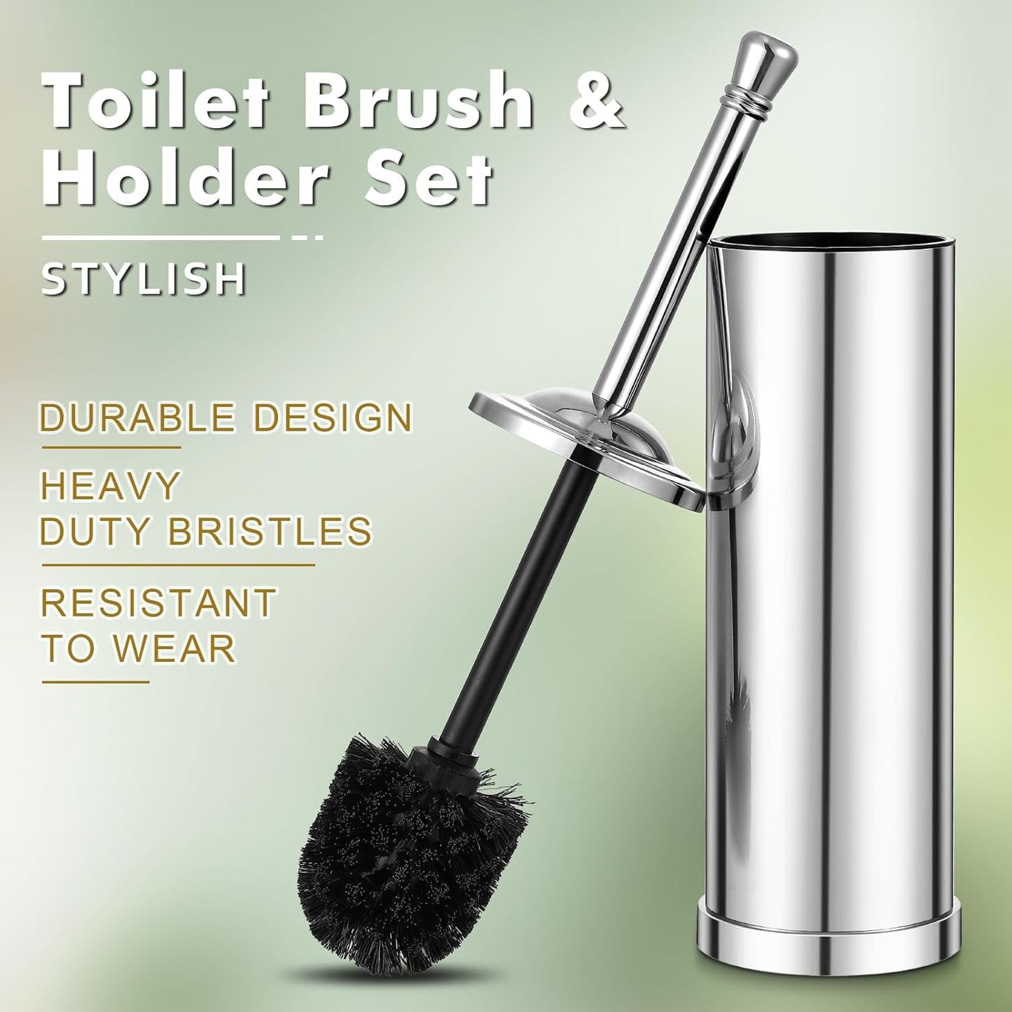 Brushed Nickel Toilet Brush and Holder Set,304 Stainless Steel Toilet Bowl Brush and Holder for Bathroom,Silver Heavy Duty Toilet Brush,Durable Scrubbing Bristles,Splash Resistant,Long Handle