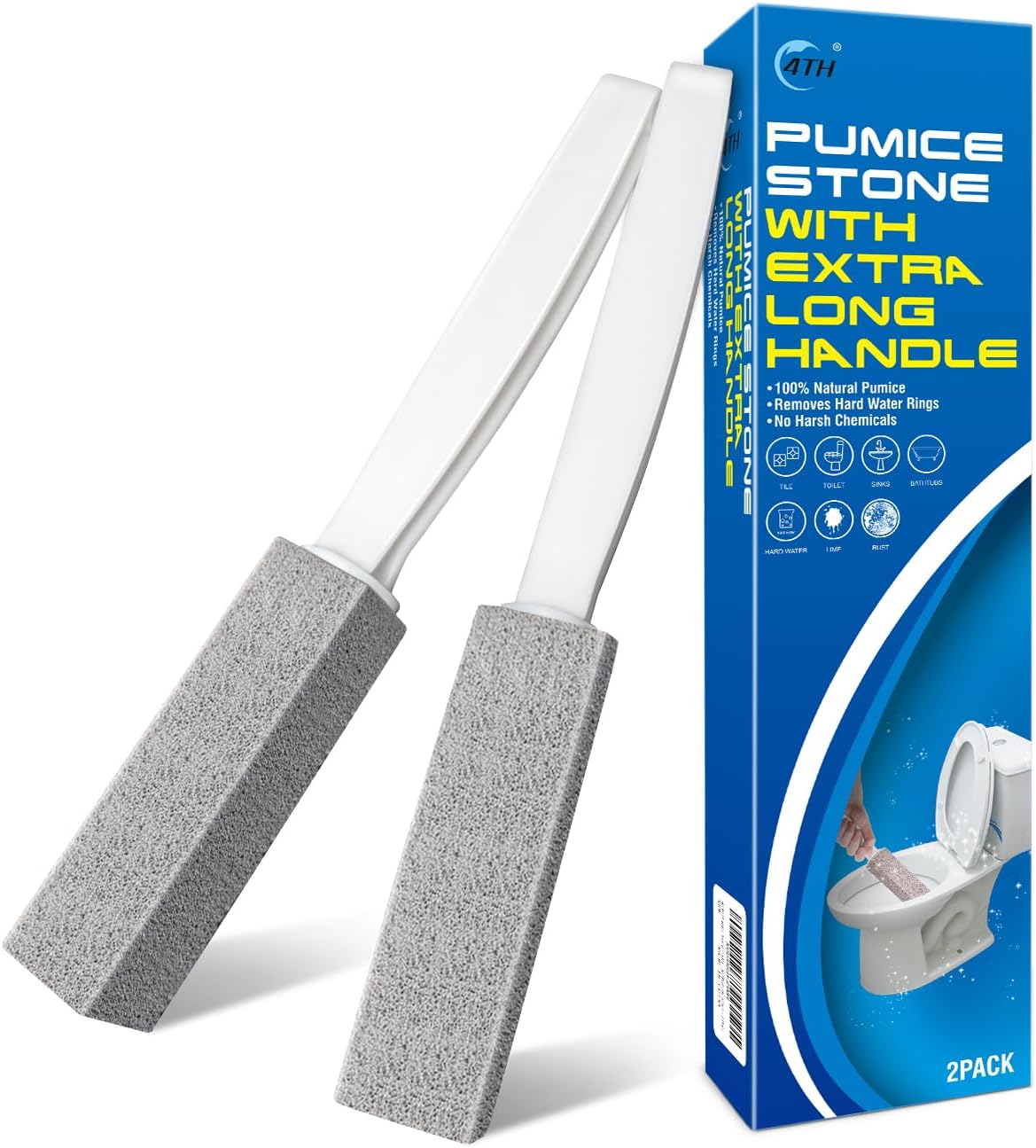 4TH Pumice Stone Toilet Bowl Cleaning Stick with Extra Large Handle,Cleans Away Limescale Stain,Hard Water Rings, Calcium,Iron and Rust. Remover for Tile/Bath/Kitchen - 2 Pack