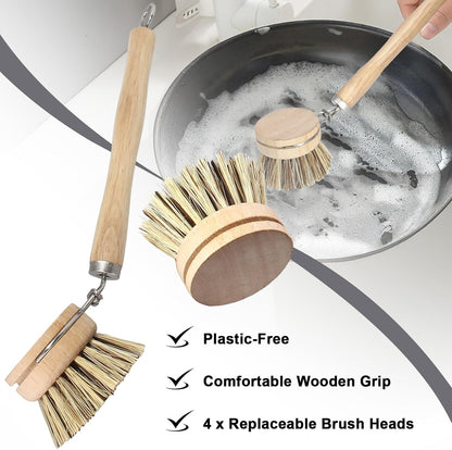 Wooden Dish Brush Set, 4 Natural Bristle Replacement Heads with 1 Sturdy Wooden Handle, Sisal Kitchen Scrub Brush for Pots, Pans, Vegetables and Cookware