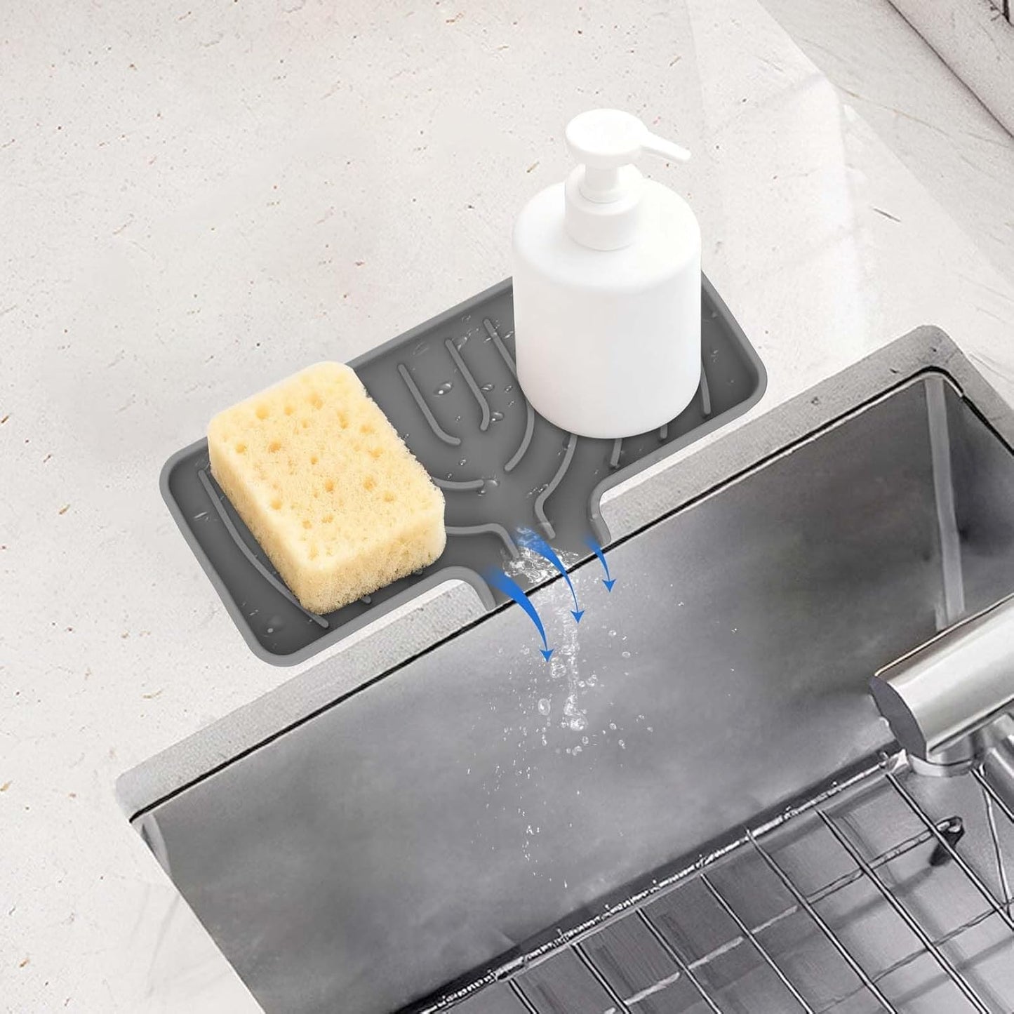 JACZZO Silicone Sponge Holder for Kitchen Sink With Drain Spout, Self Draining, Kitchen Soap Tray, Bathroom Organizer, Sink Caddy (Grey, 10×4)