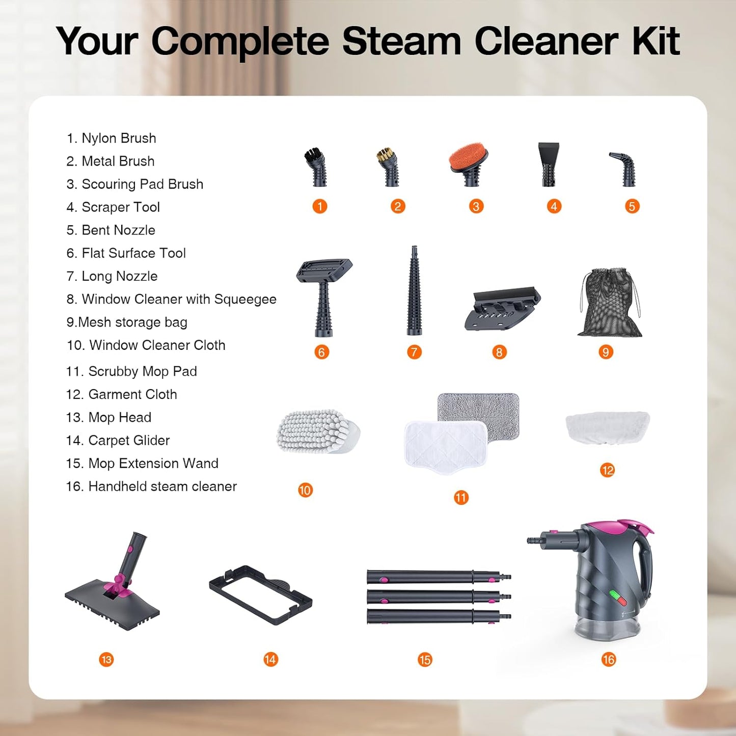 ScrubWiz 10-in-1 Steam Cleaner, Steam Mop & Detachable Handheld Steam Cleaner, 320ml Water Tank, 10s Fast Heating, Portable Steamer for Kitchen, Floor, Tiles, Window, BBQ Grill, Car, Bright White