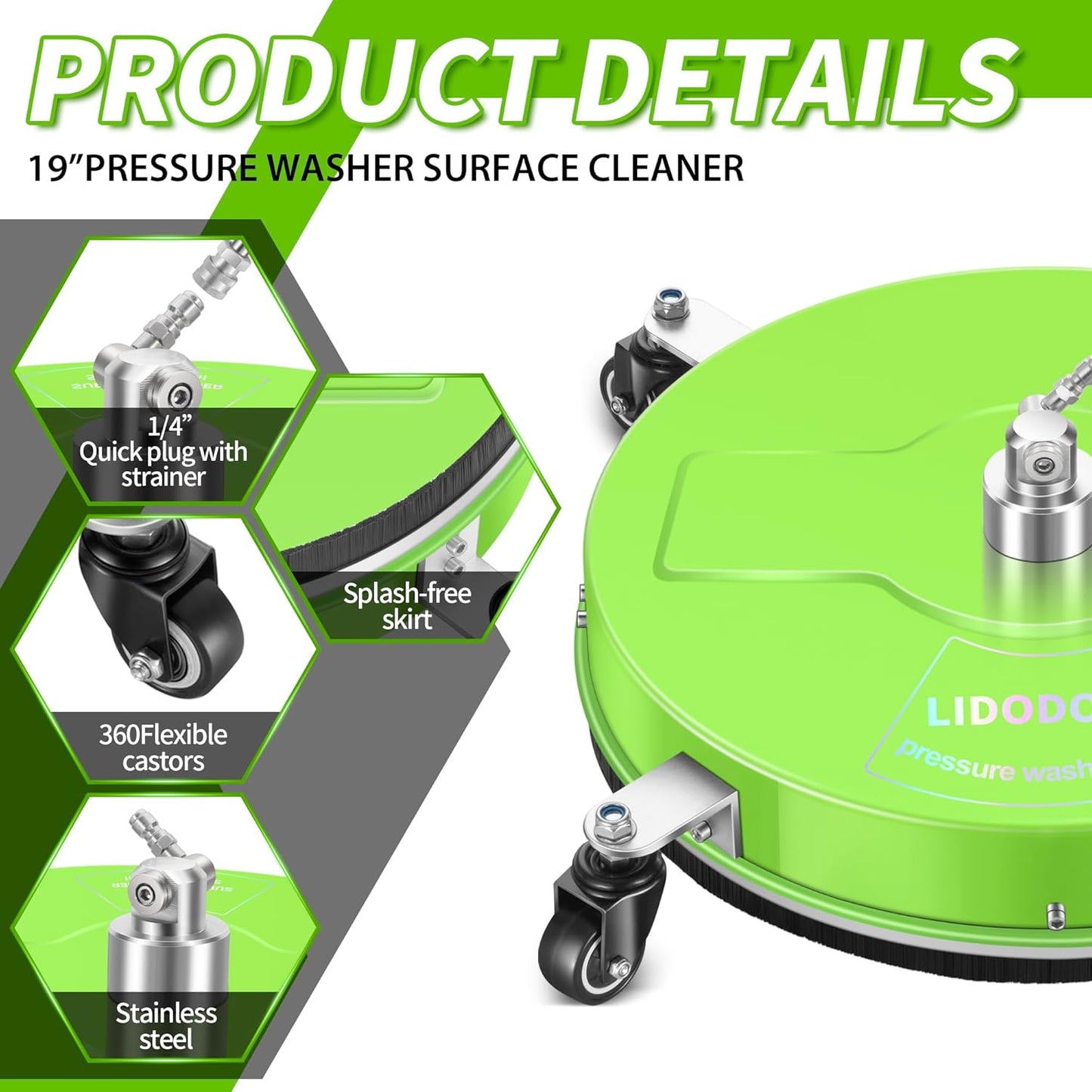14" Pressure Washer Surface Cleaner with 4 Wheels - Stainless Steel Surface Cleaner for Pressure Washer Attachment for Concrete, Patio, Sidewalk, Deck and Driveways - PWS14