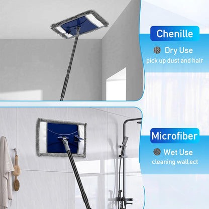Wall Cleaner Mop with Long Handle, Wall Dust Cleaning Mop for Washing Walls with 2 Microfiber Reusable Pads,Floor Dry Wet Dust Mops for Wall Washer, Floor,Ceiling Cleaner