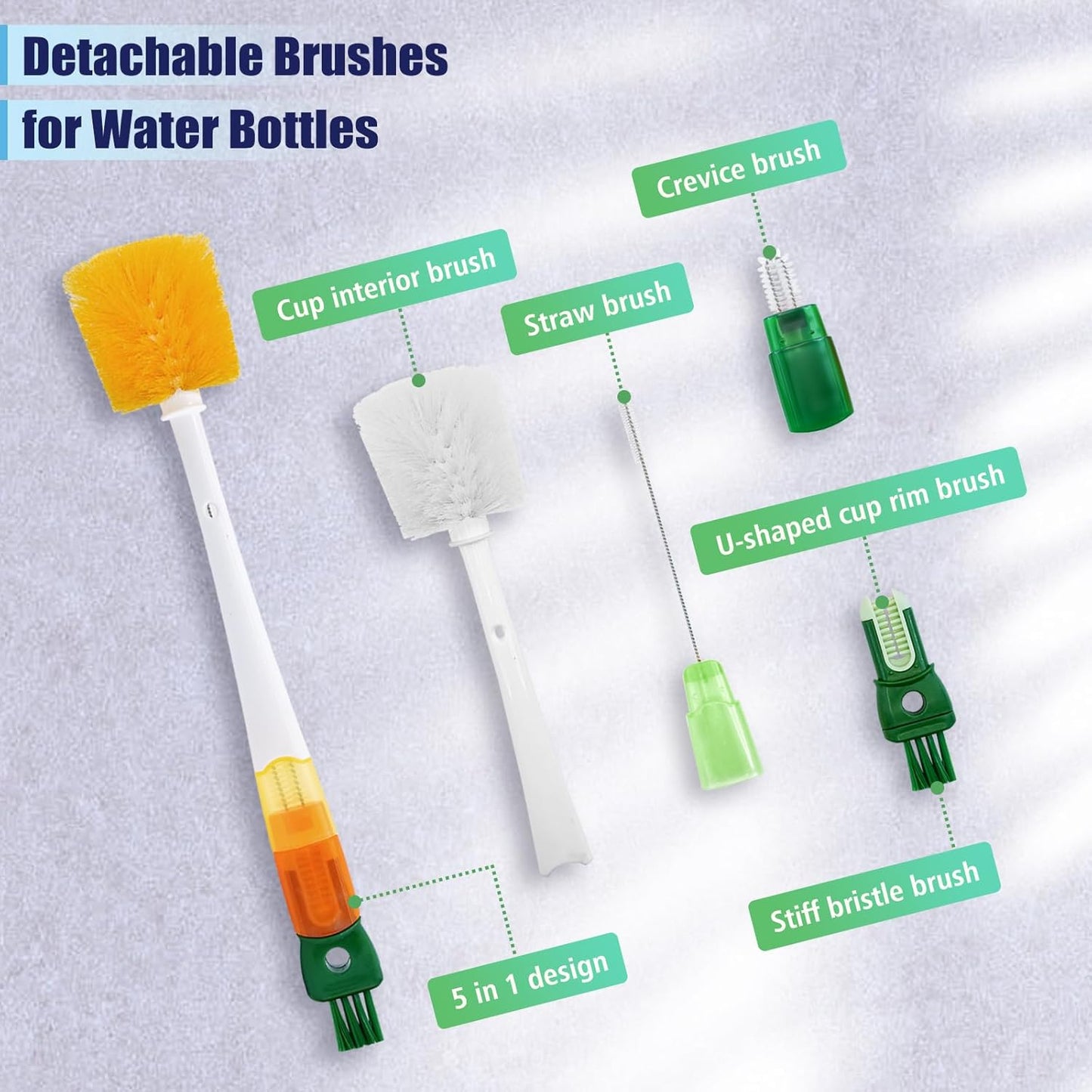 Five-in-one Bottle Brush Set (1Pc Green), Long Handle Bottle Cleaning Brush Straw Brush Nipple Brush Hard-Corner Brush for Sports Water Bottles Caps Mugs Glasswares Tumblers Wine Decanters