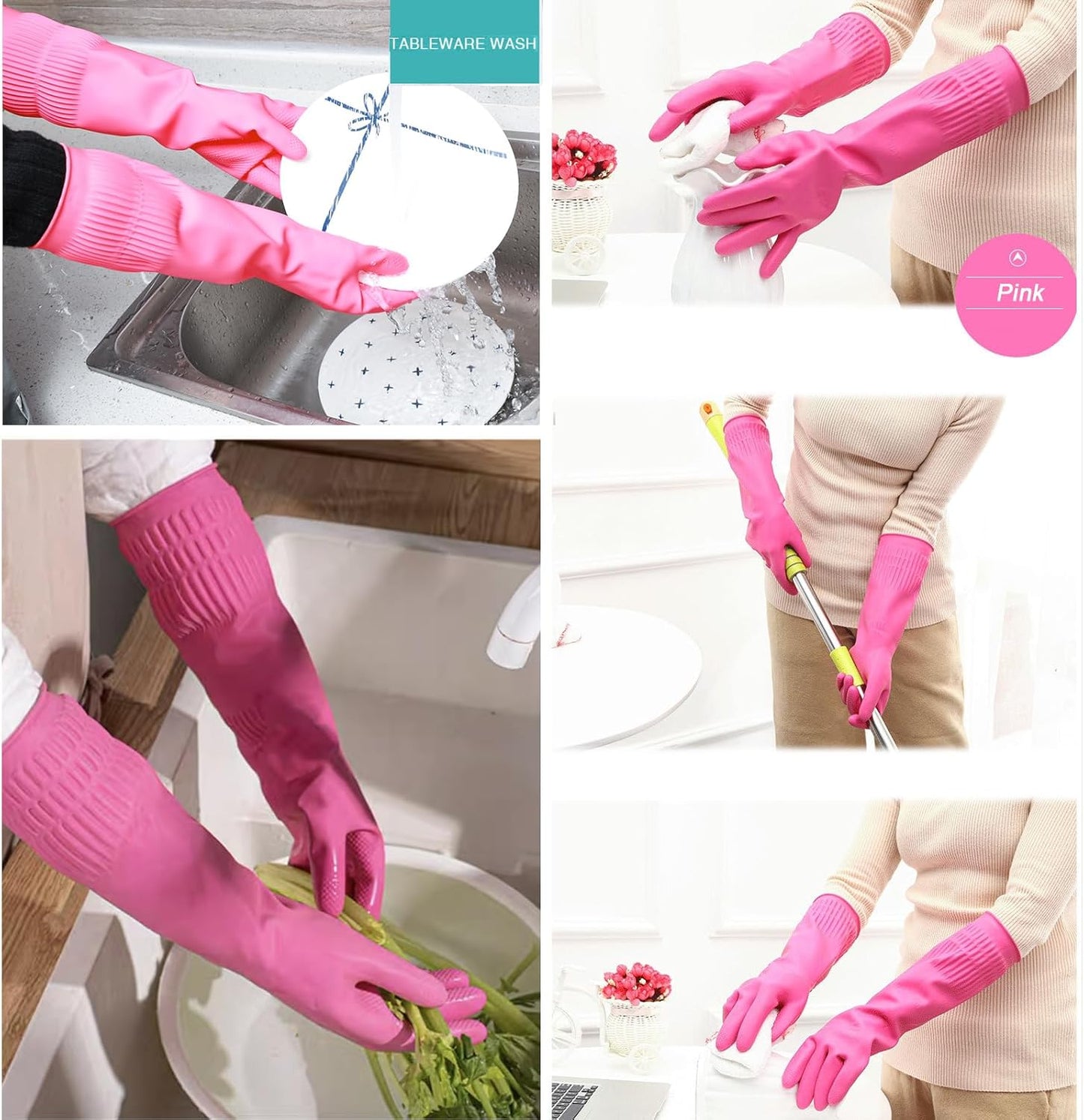 Bamllum 3 Pairs of Rubber Dishwashing Gloves for Kitchen and Household Cleaning – Long Cuff 15", Reusable, Flexible Long-lasting and Non-Slip (Red+Yellow+Green, Medium)