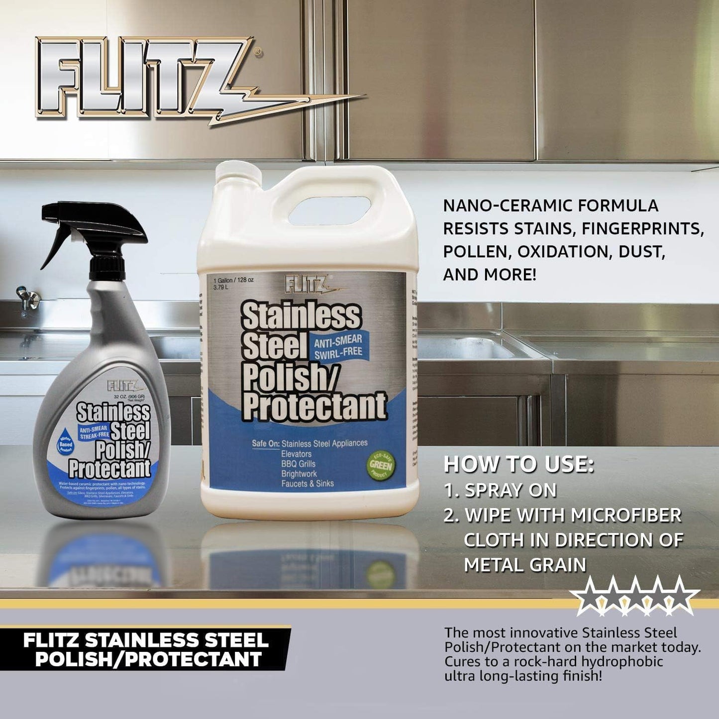 Flitz Stainless Steel Polish Protectant - 32oz Bottle, USA-Made Ceramic Coating for Stainless Steel Appliances, Repels Fingerprints & Water Spots - Aluminum & Chrome Polish & Protectant (1 Pack)