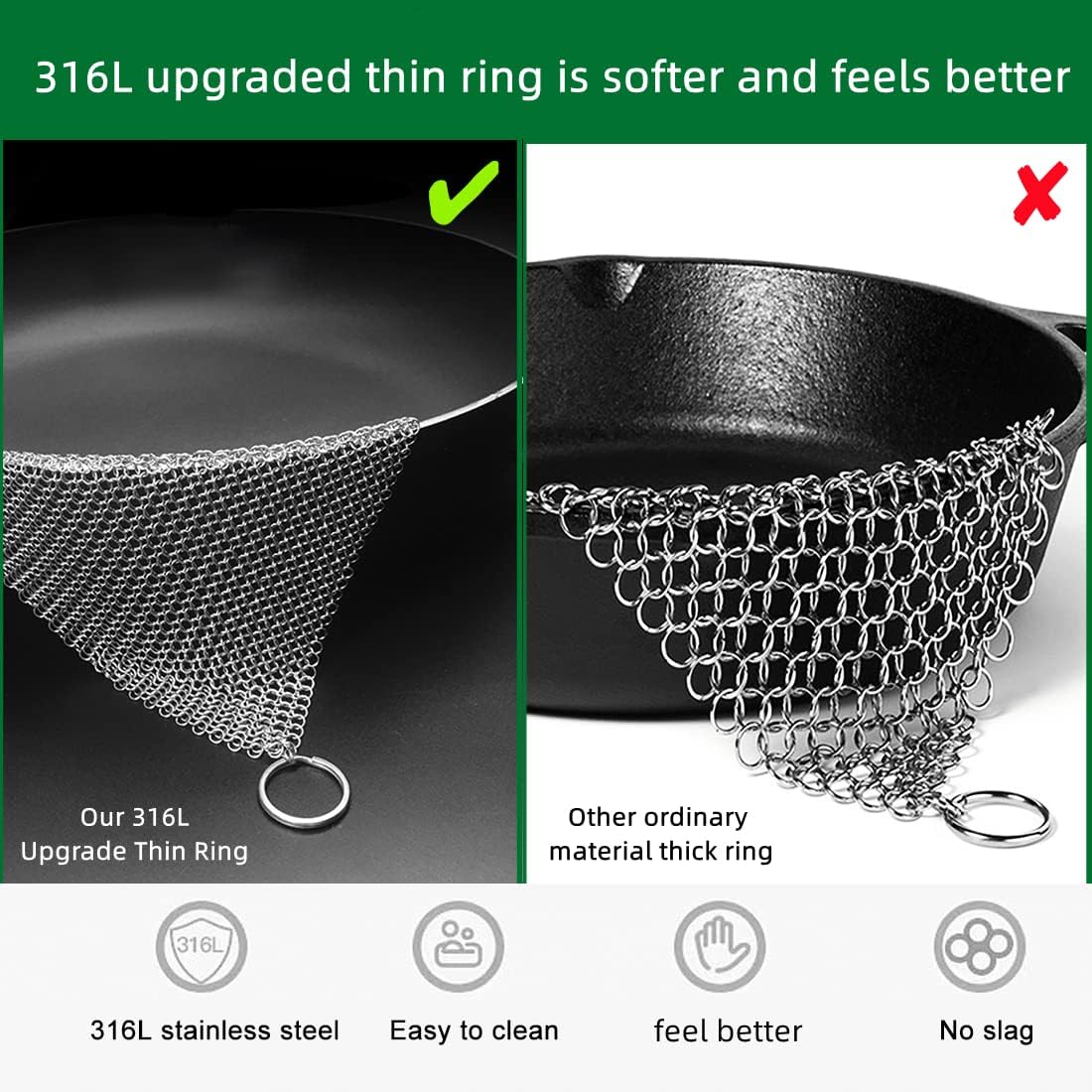 Cast Iron Cleaner and Chainmail Skillet Scrubber - 4''x4'' Upgraded 3.8mm Small Ring, 316L Stainless Steel Fine Rings - Durable Scraper for Skillets, Pans, Griddles & Containers