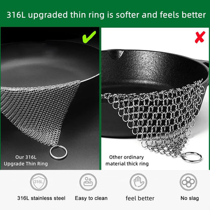 Cast Iron Cleaner and Chainmail Skillet Scrubber - 4''x4'' Upgraded 3.8mm Small Ring, 316L Stainless Steel Fine Rings - Durable Scraper for Skillets, Pans, Griddles & Containers
