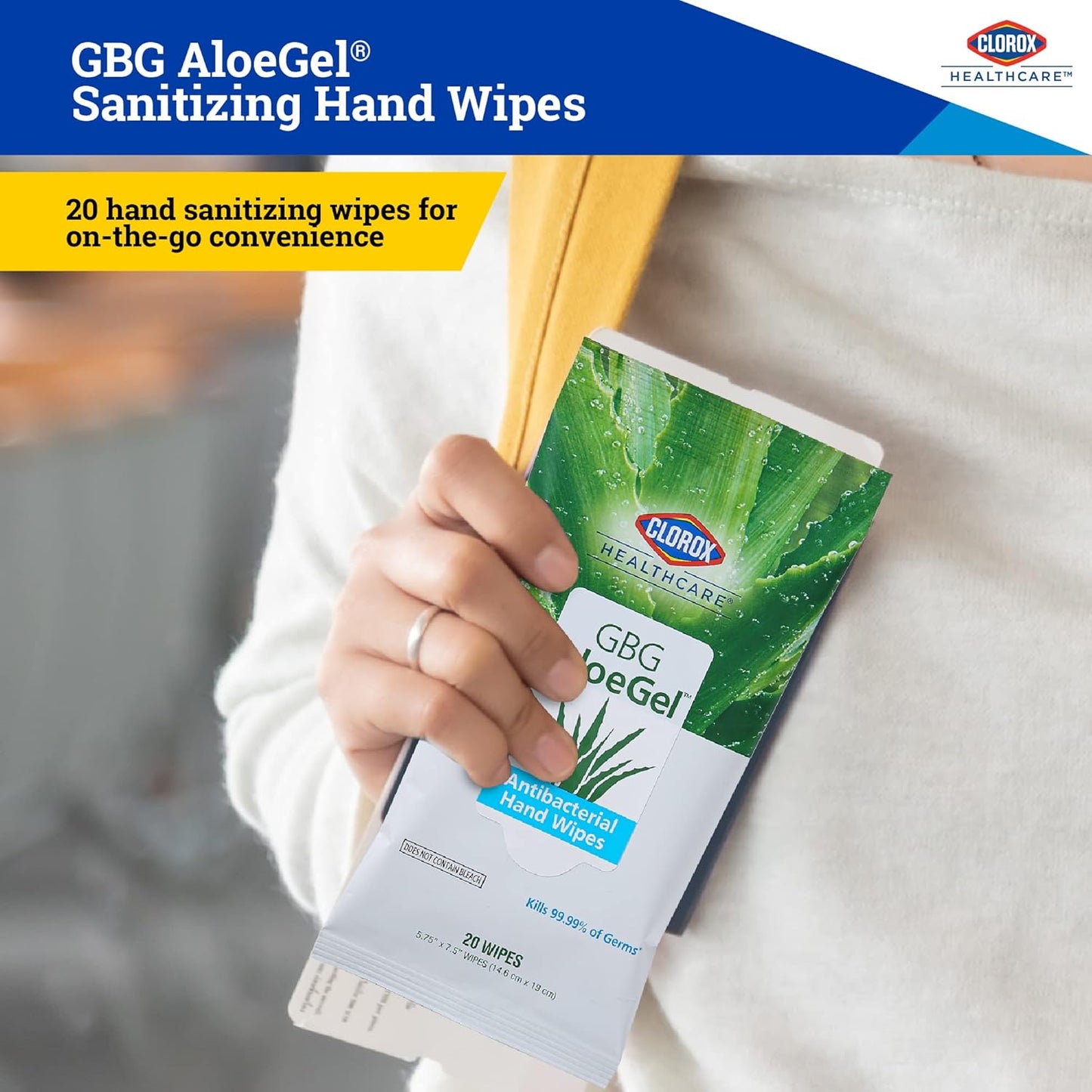 Clorox Healthcare GBG AloeGel Hand Sanitizer Wipes, Bleach-Free Sanitizing Wipes for Hands with 71% Ethyl Alcohol and Aloe - FDA Registered, Resealable Travel Pouch, 20 Count
