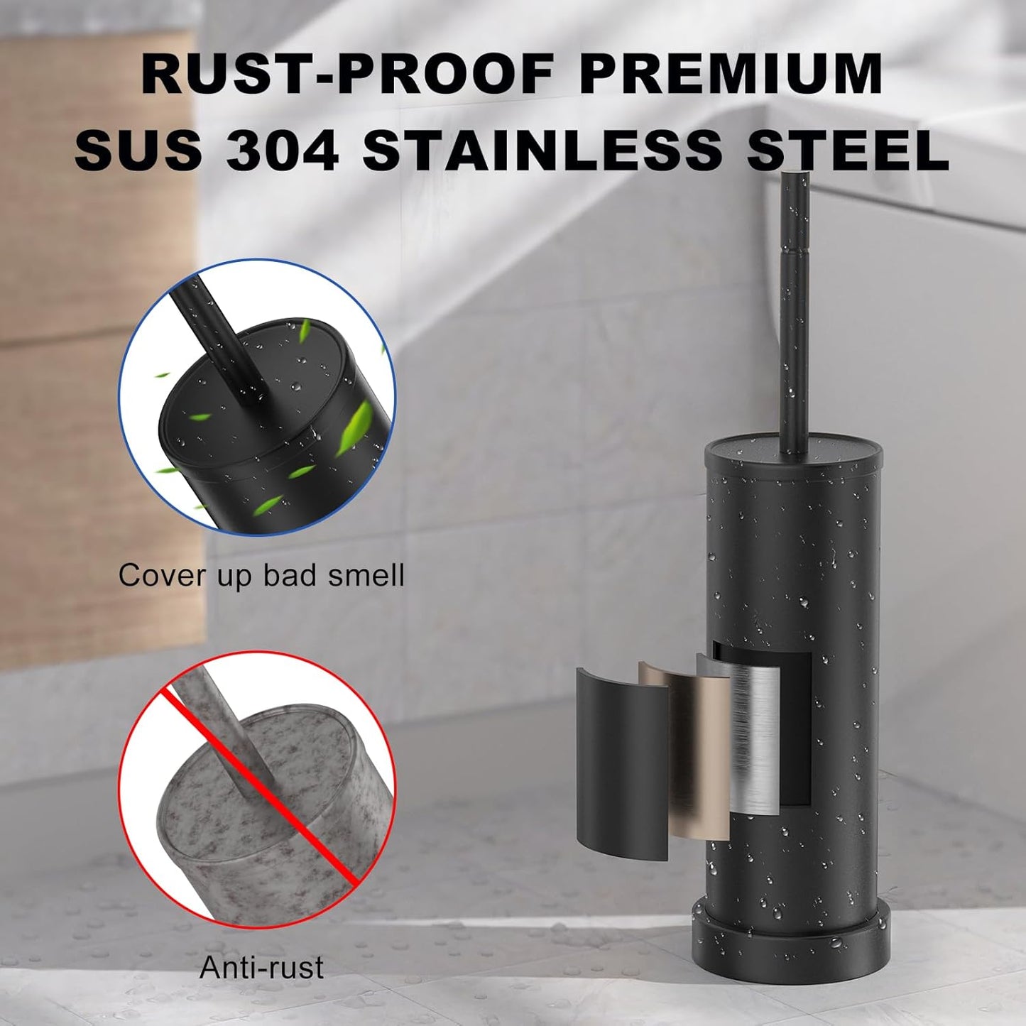 Black Toilet Brush and Holder Set，Stainless Steel Heavy Duty Toilet Bowl Brush，Extra Long Handled Modern Toilet Cleaner Brush with Replaceable Head, Removable Inner Bowl