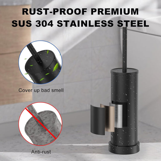 Black Toilet Brush and Holder Set，Stainless Steel Heavy Duty Toilet Bowl Brush，Extra Long Handled Modern Toilet Cleaner Brush with Replaceable Head, Removable Inner Bowl